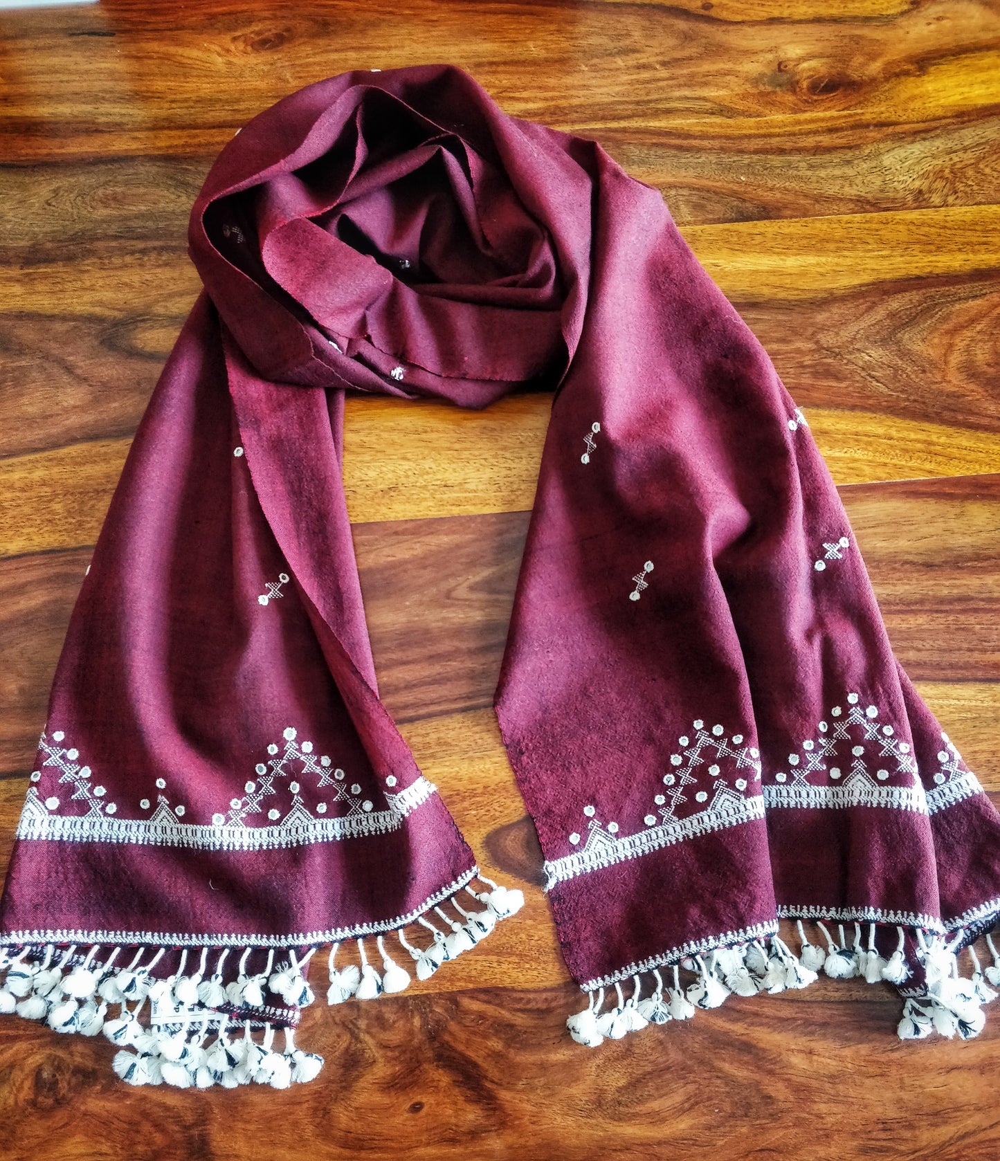 Burgundy Bhujodi Toran Wollen Stole with Mirror Work and Tassels