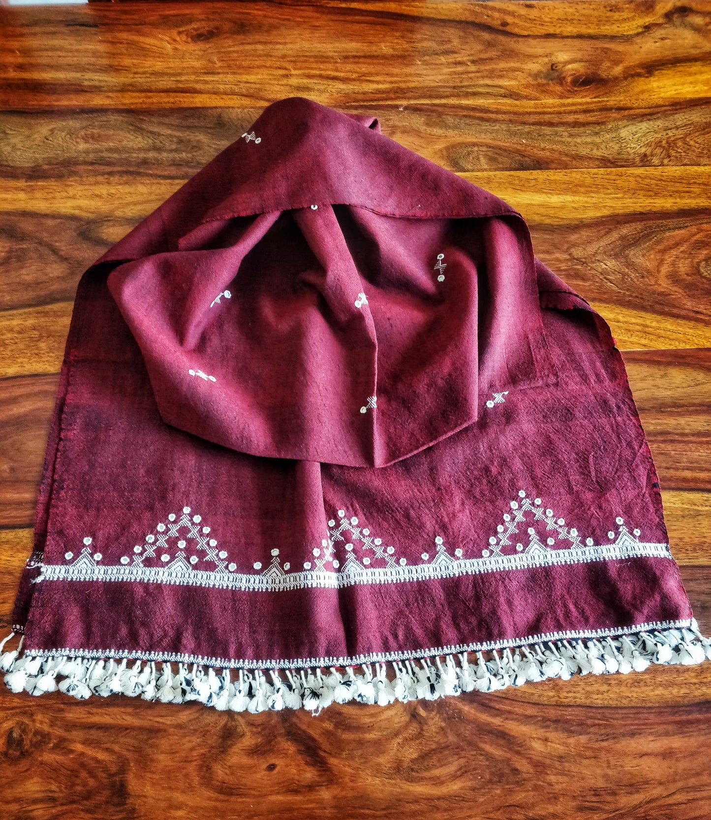 Burgundy Bhujodi Toran Wollen Stole with Mirror Work and Tassels