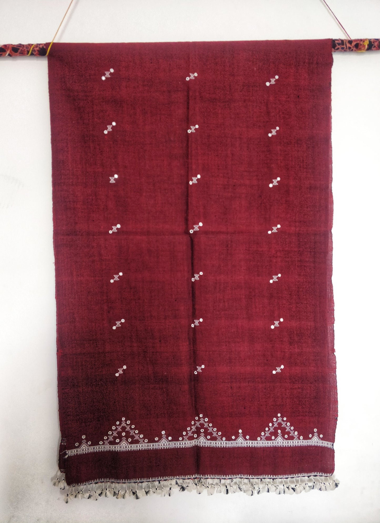 Burgundy Bhujodi Toran Wollen Stole with Mirror Work and Tassels