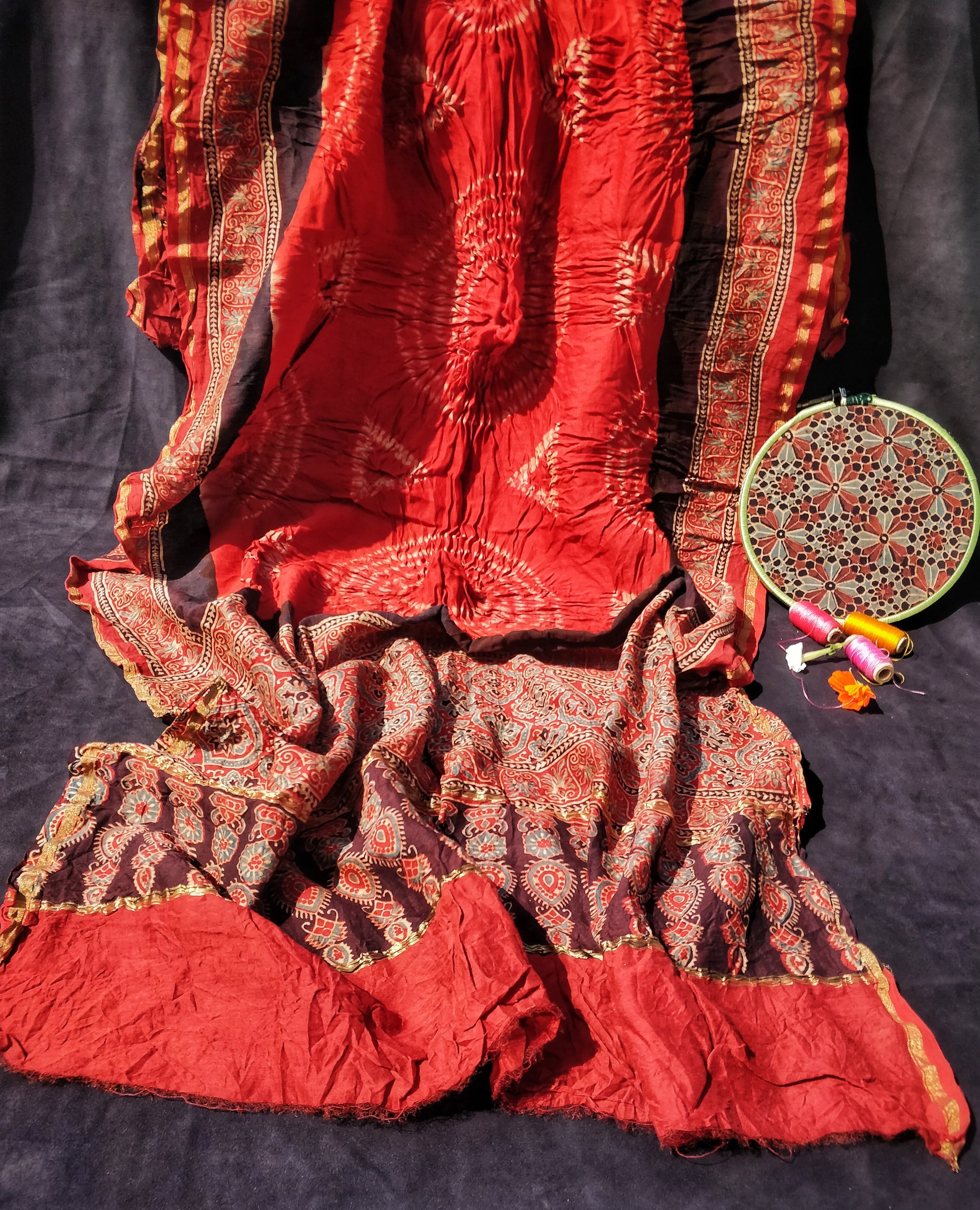 Maroonish Brown Bandhani Ajrakh Chanderi Silk Cotton Dupatta