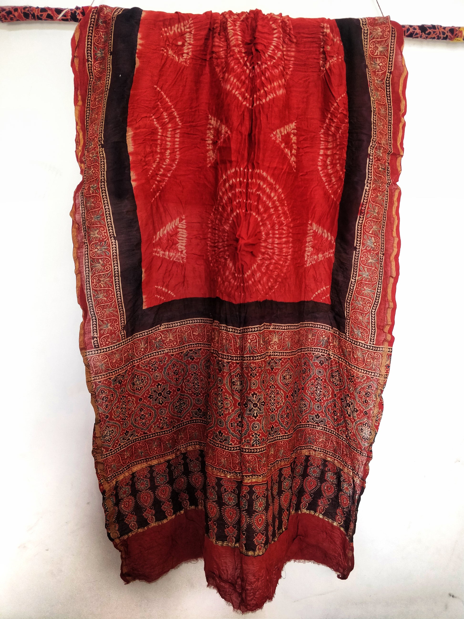 Maroonish Brown Bandhani Ajrakh Chanderi Silk Cotton Dupatta