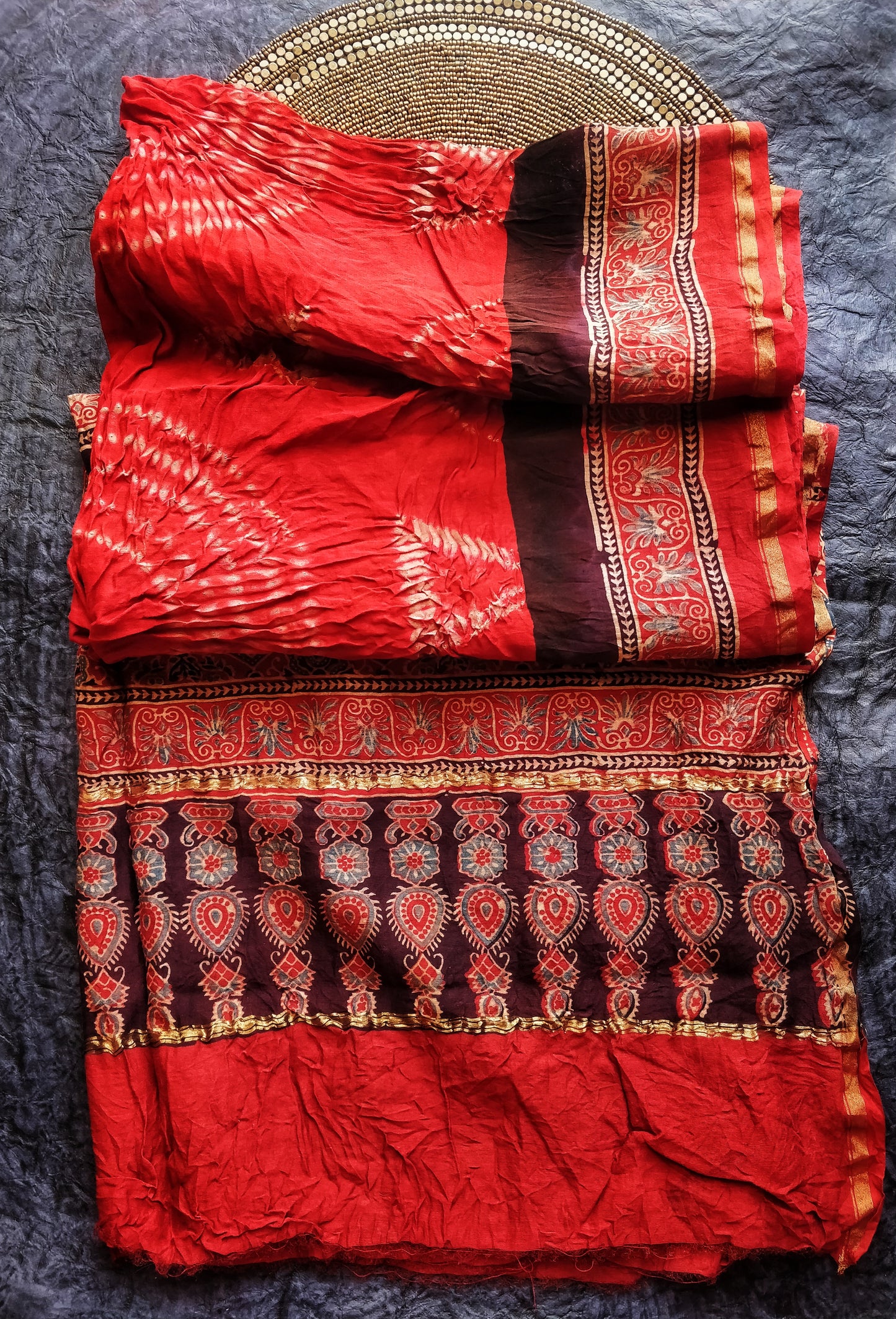 Maroonish Brown Bandhani Ajrakh Chanderi Silk Cotton Dupatta