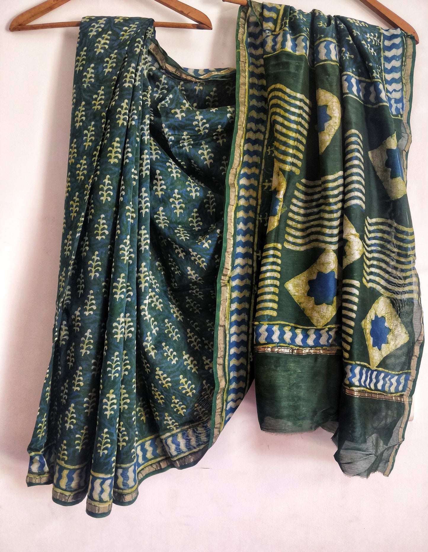 Green Bootidar Akola Handblock Printed Chanderi Silk Cotton Saree