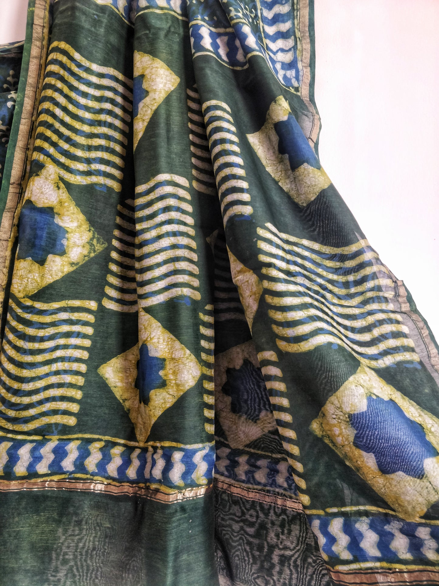 Green Bootidar Akola Handblock Printed Chanderi Silk Cotton Saree