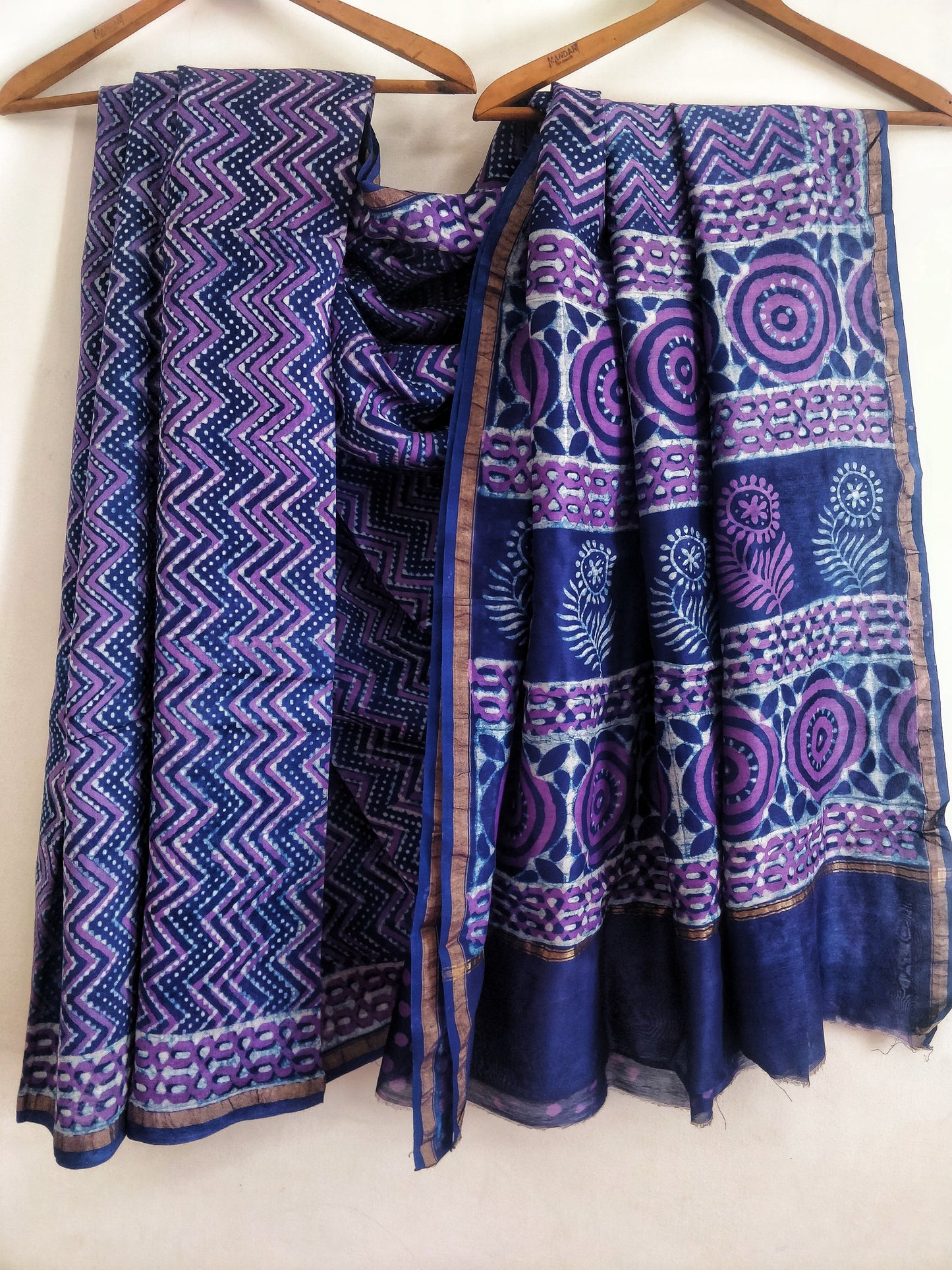 Purple Chevron Akola Handblock Printed Chanderi Silk Cotton Saree