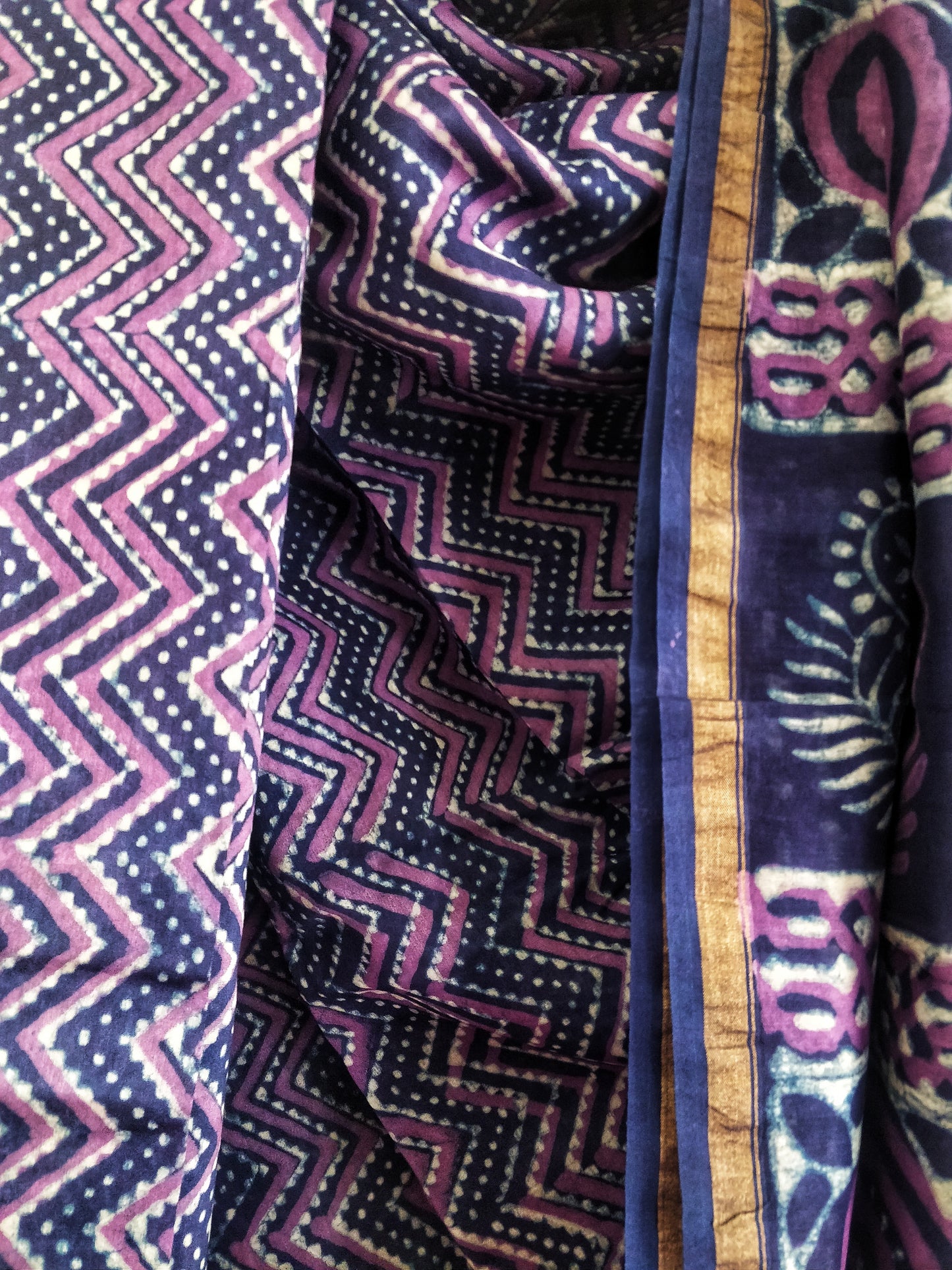 Purple Chevron Akola Handblock Printed Chanderi Silk Cotton Saree