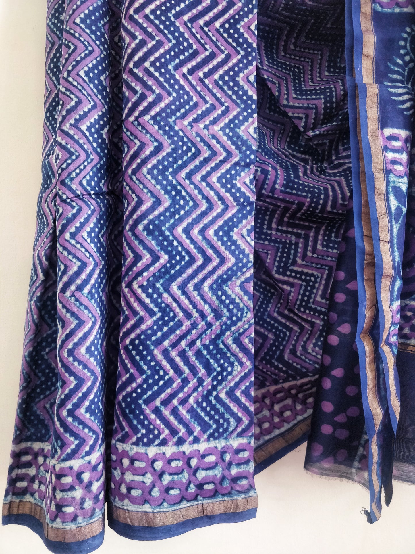 Purple Chevron Akola Handblock Printed Chanderi Silk Cotton Saree