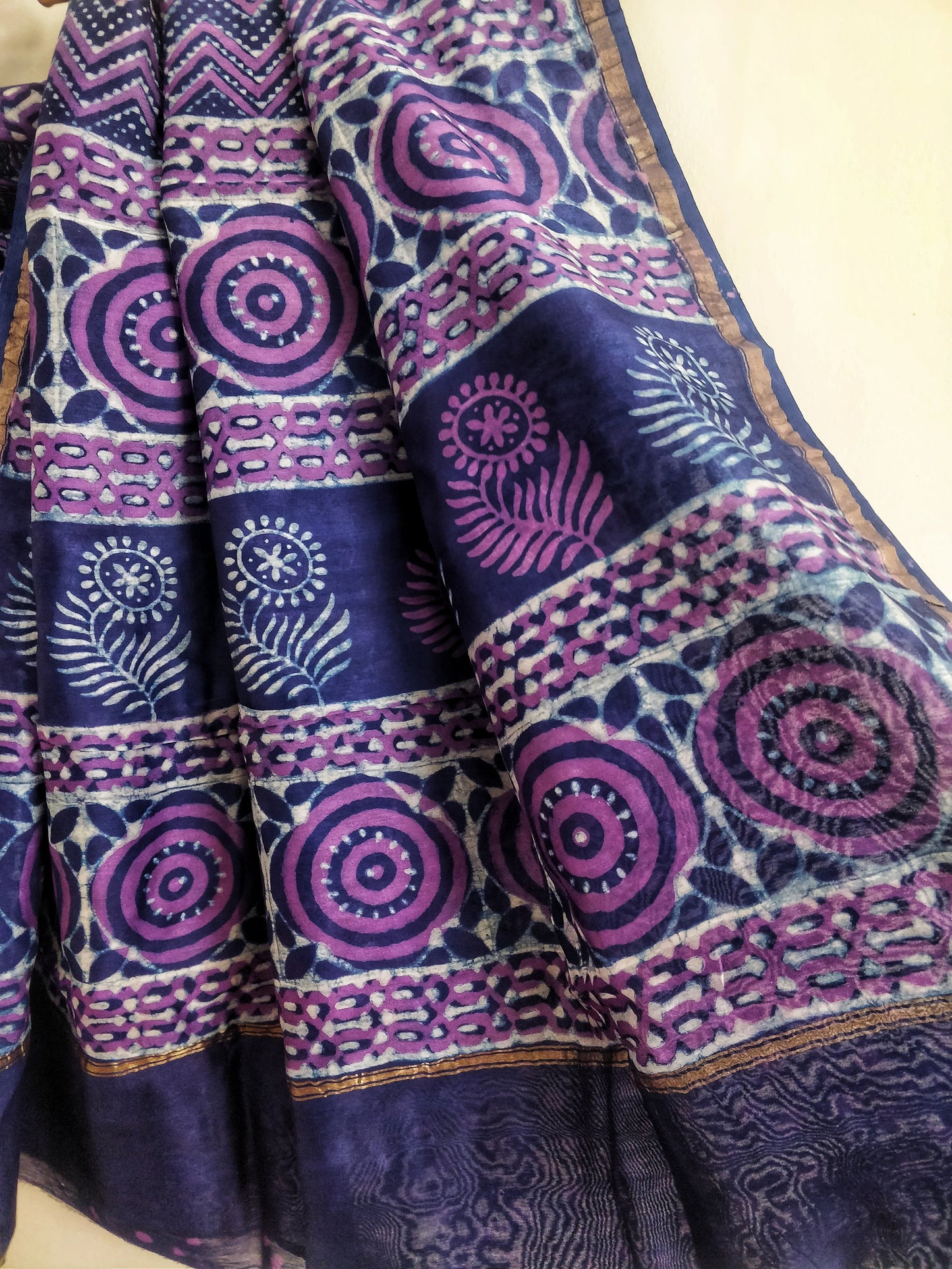 Purple Chevron Akola Handblock Printed Chanderi Silk Cotton Saree