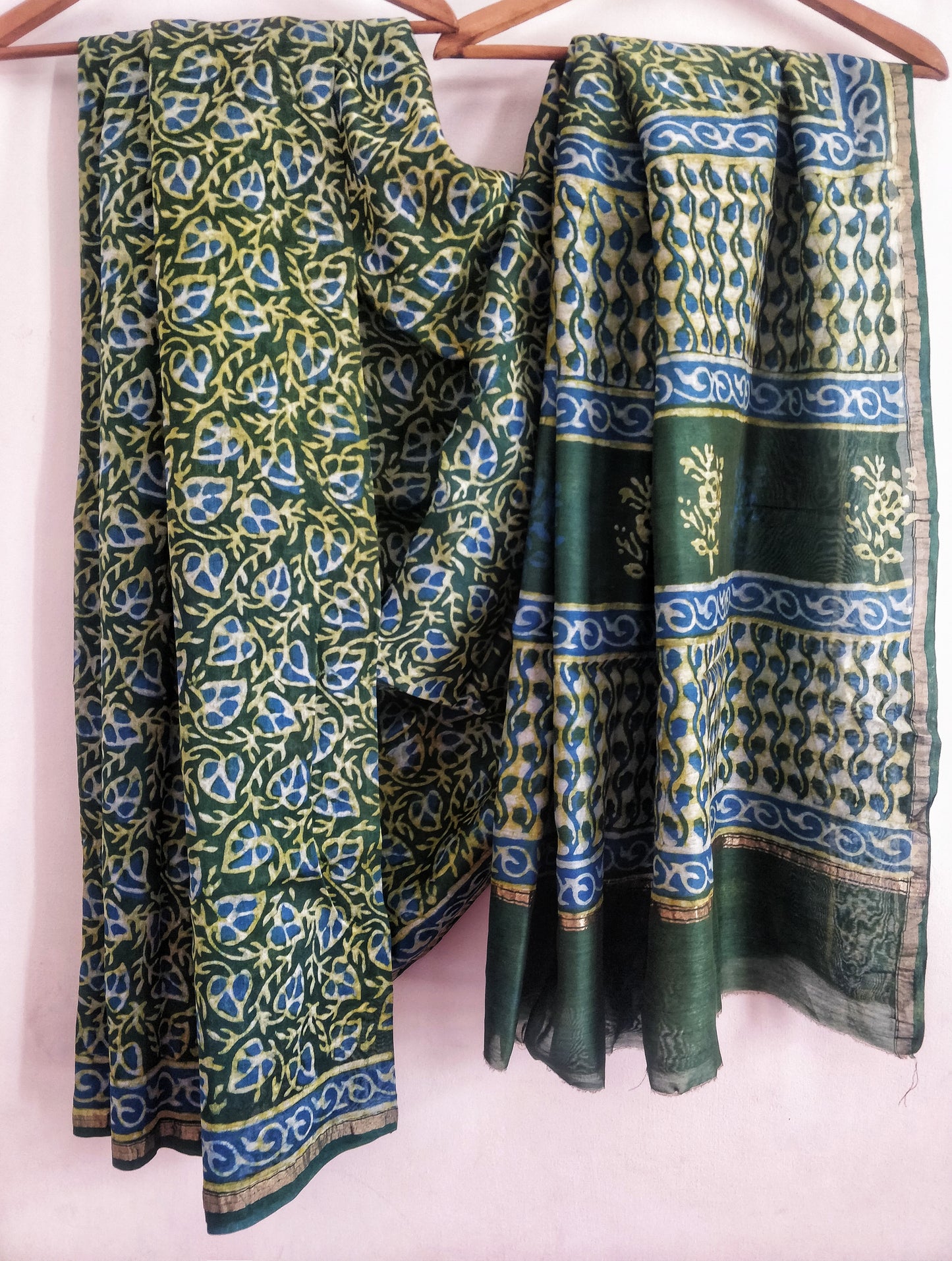 Green and Indigo Akola Handblock Printed Chanderi Silk Cotton Saree