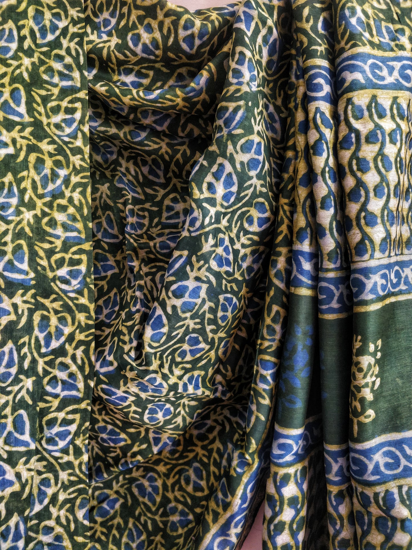 Green and Indigo Akola Handblock Printed Chanderi Silk Cotton Saree