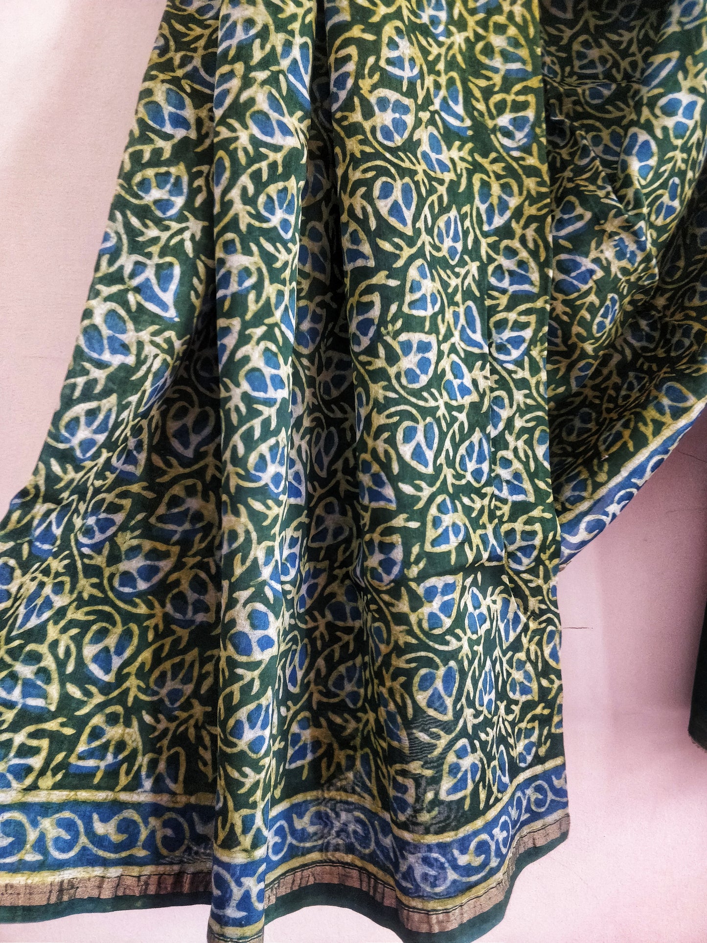 Green and Indigo Akola Handblock Printed Chanderi Silk Cotton Saree