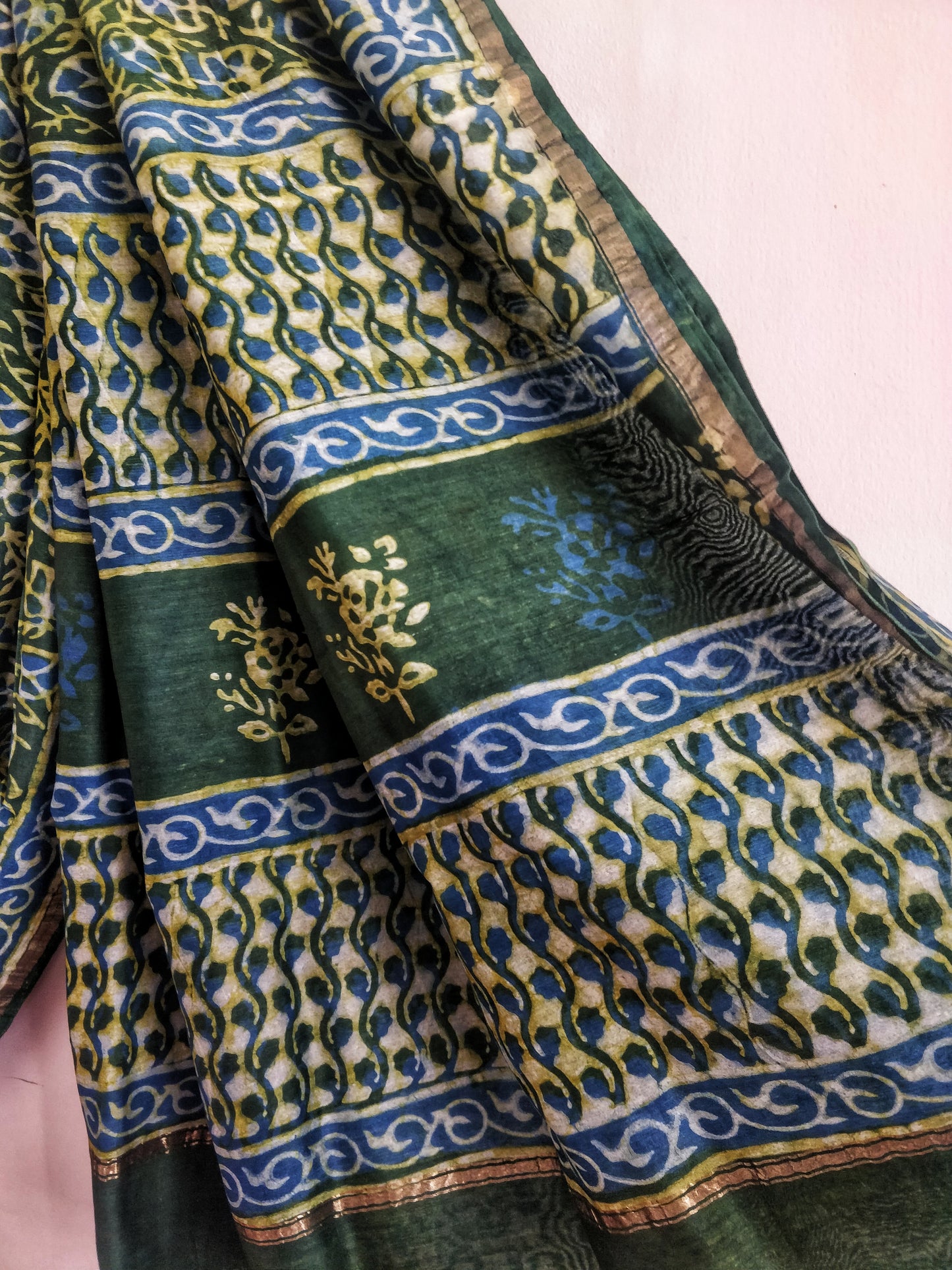 Green and Indigo Akola Handblock Printed Chanderi Silk Cotton Saree