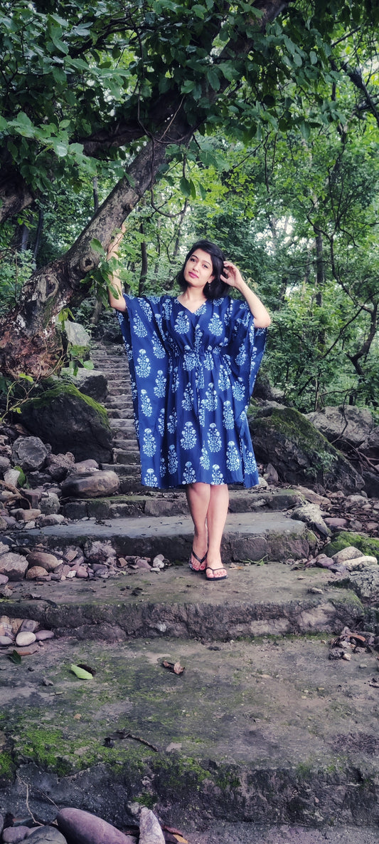 Indigo Paisley Knee Length Kaftan Dress