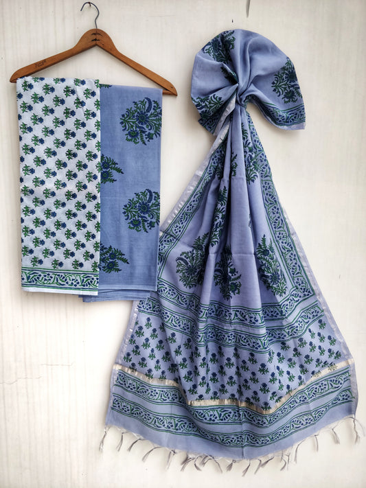 Greyish Blue Block Printed Chanderi Silk Suit Material Set with Zari Border