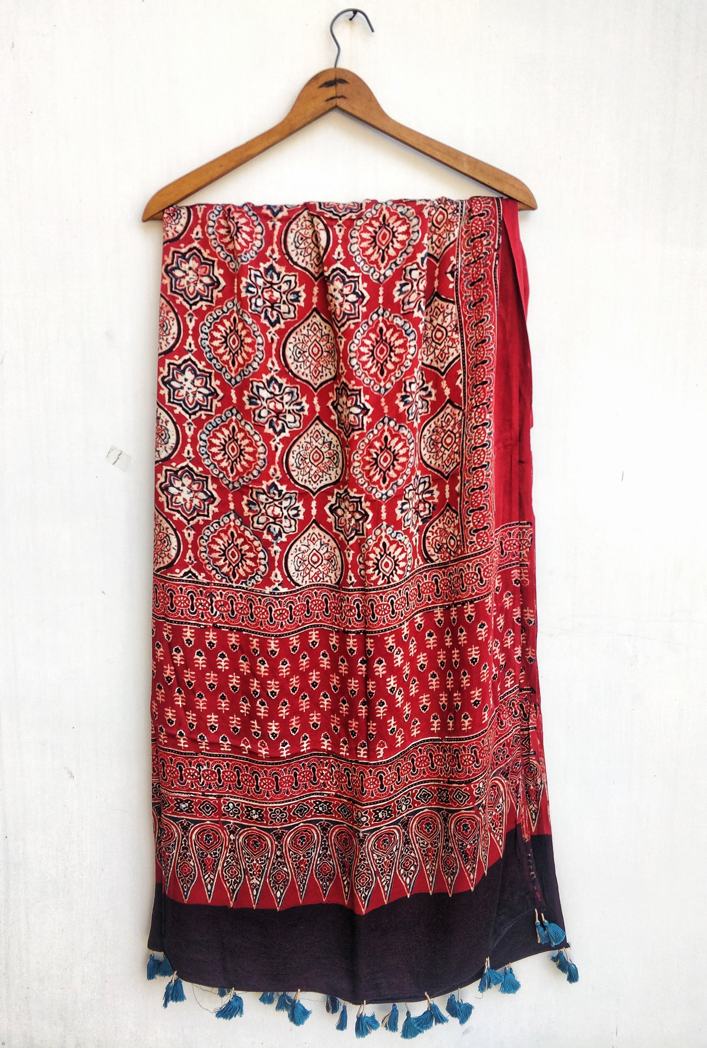 Red Jaal Motif Ajrakh Handblock Printed Modal Silk Dupatta with Tassels