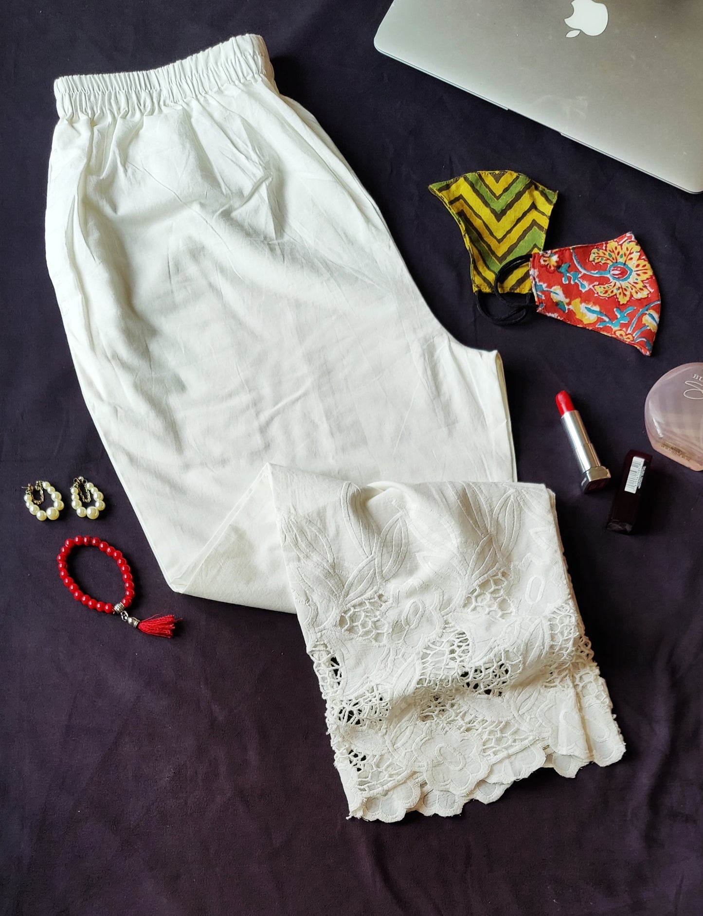 Pristine White Pure Cotton Pants with Lace Detailing