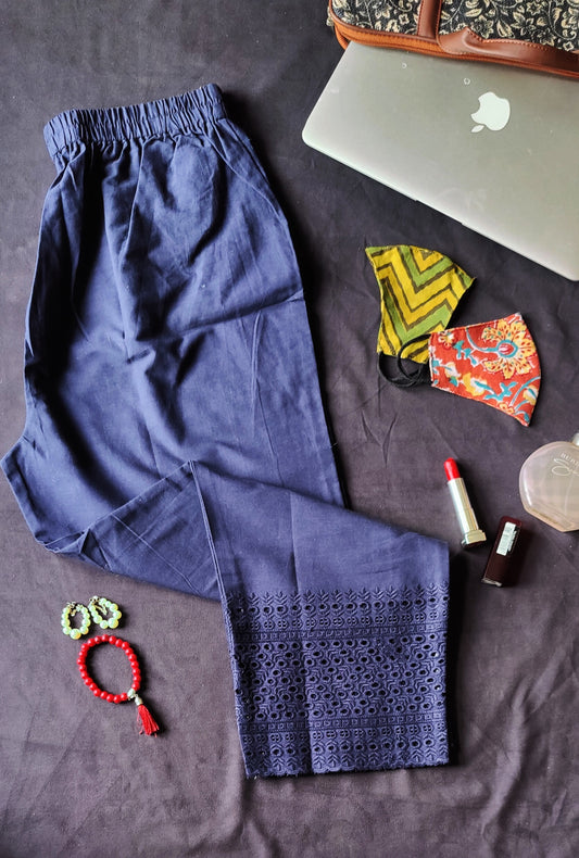 Navy Blue Relaxed Fit Pure Cotton Pants with Chikankari Detailing