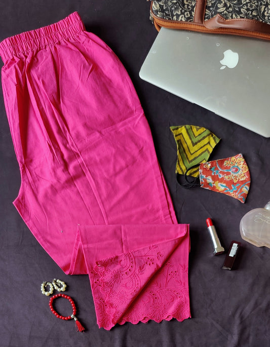 Hot Pink Relaxed Fit Pure Cotton Pants with Chikankari Detailing