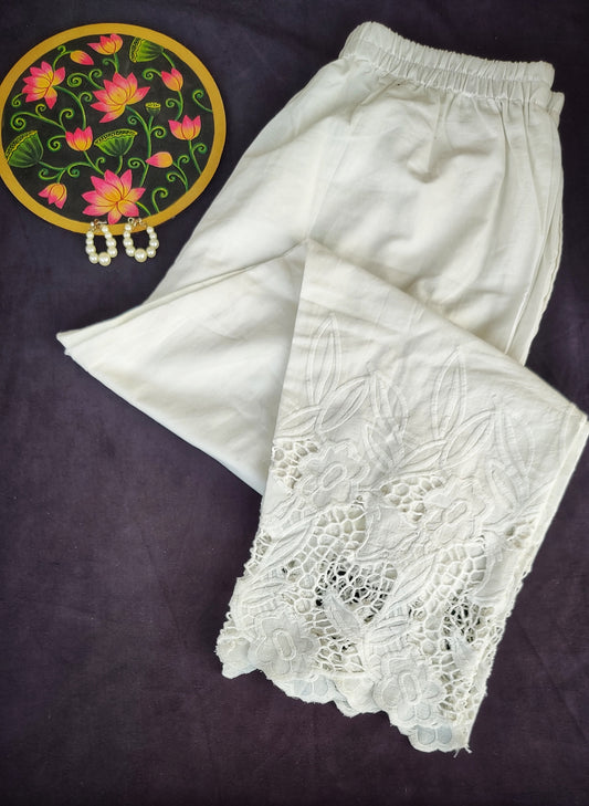 Pristine White Pure Cotton Pants with Lace Detailing