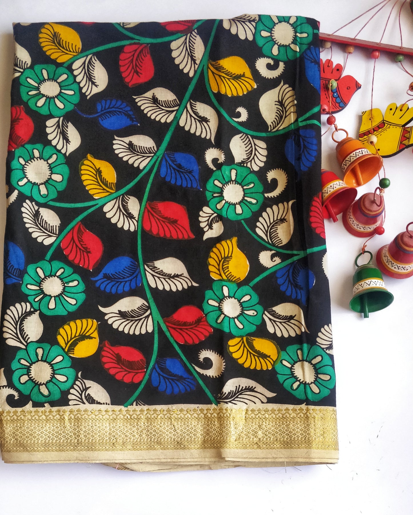 Black Handpainted Srikalahasti Kalamkari Cotton Dupatta with Zari Border