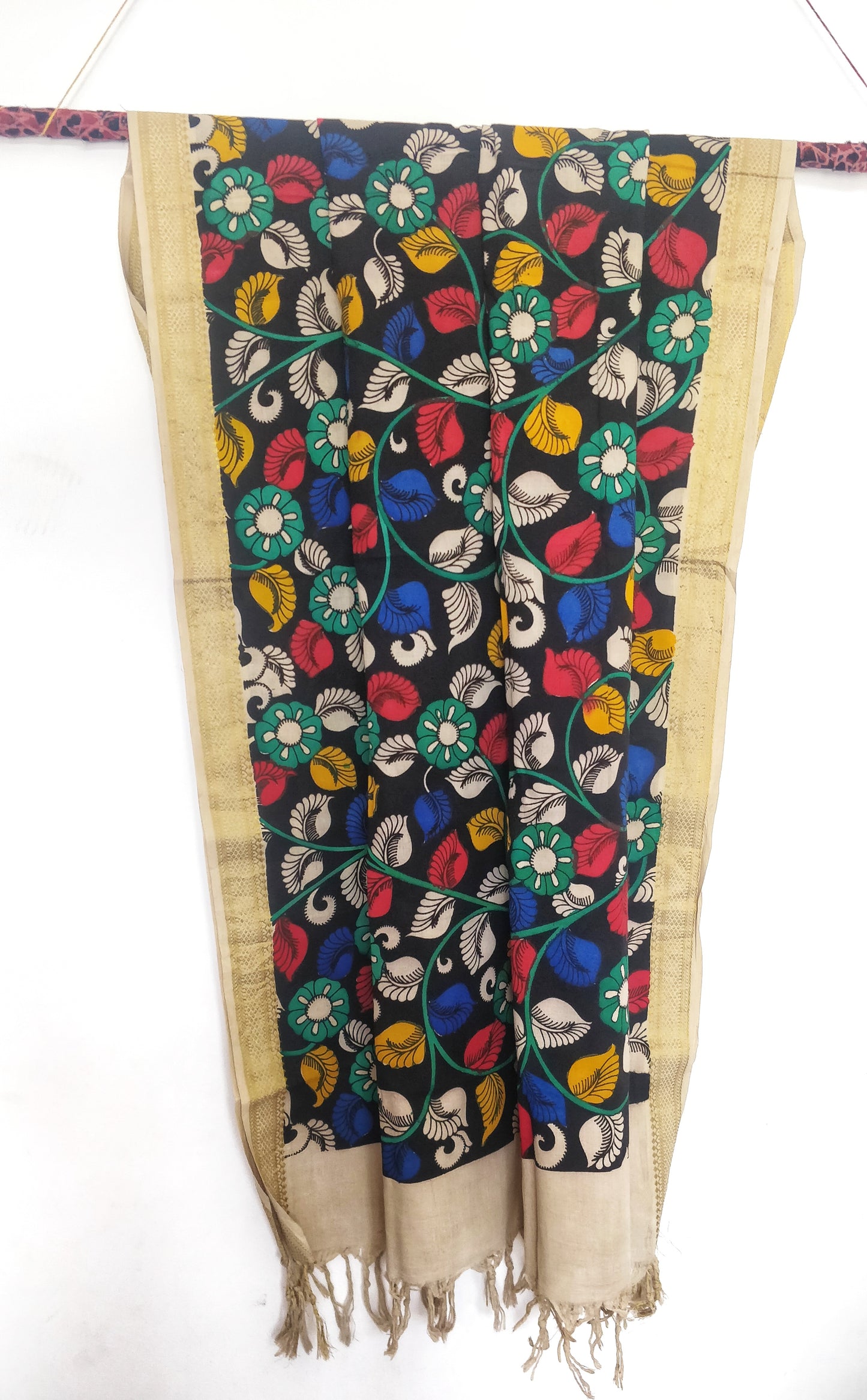 Black Handpainted Srikalahasti Kalamkari Cotton Dupatta with Zari Border