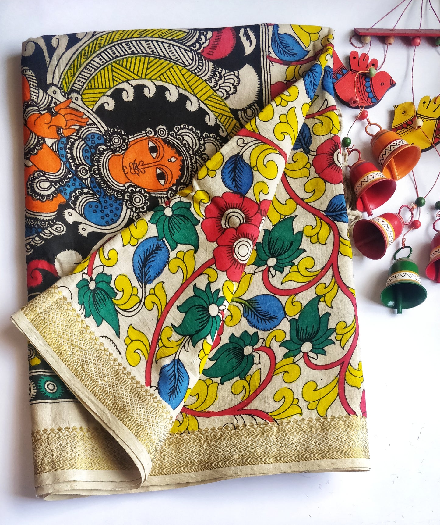 Multicolour Handpainted Srikalahasti Kalamkari Cotton Dupatta with Zari Border