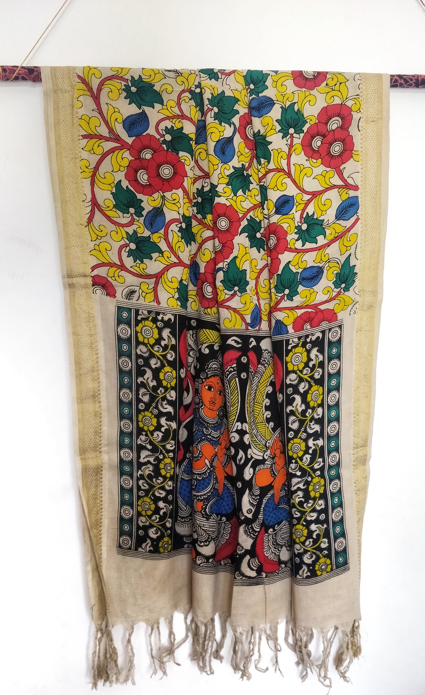 Multicolour Handpainted Srikalahasti Kalamkari Cotton Dupatta with Zari Border