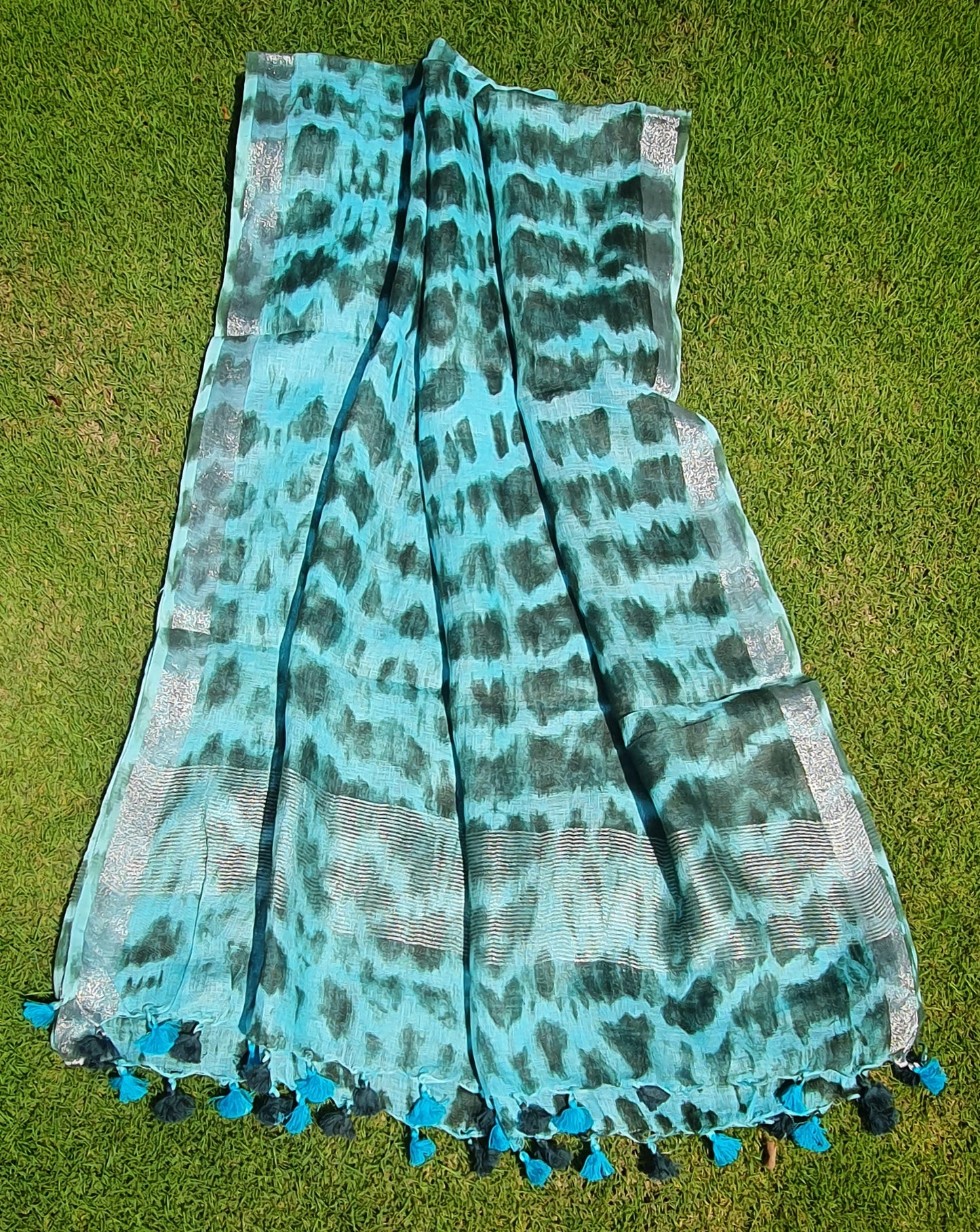 Turquoise Temptation Pure Bhagalpur Linen Dupatta with Matching Tassels