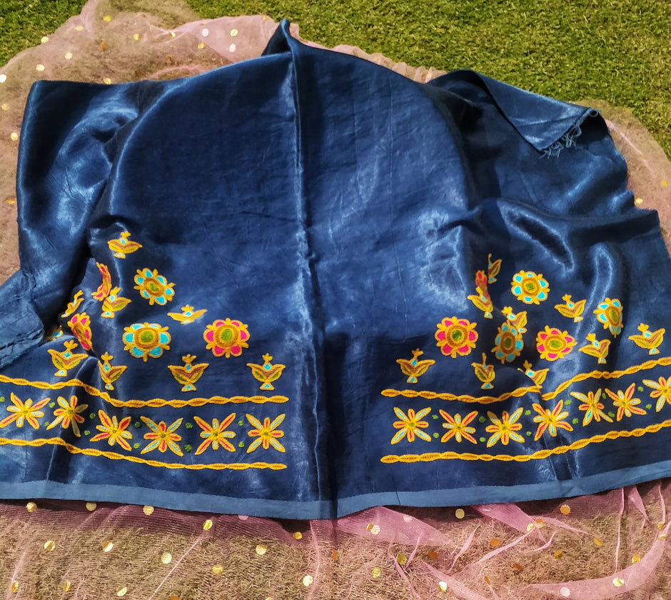 Blue - Ahir Hand Embroidery Kutch Mirror Work Mashru Silk Blouse Piece
