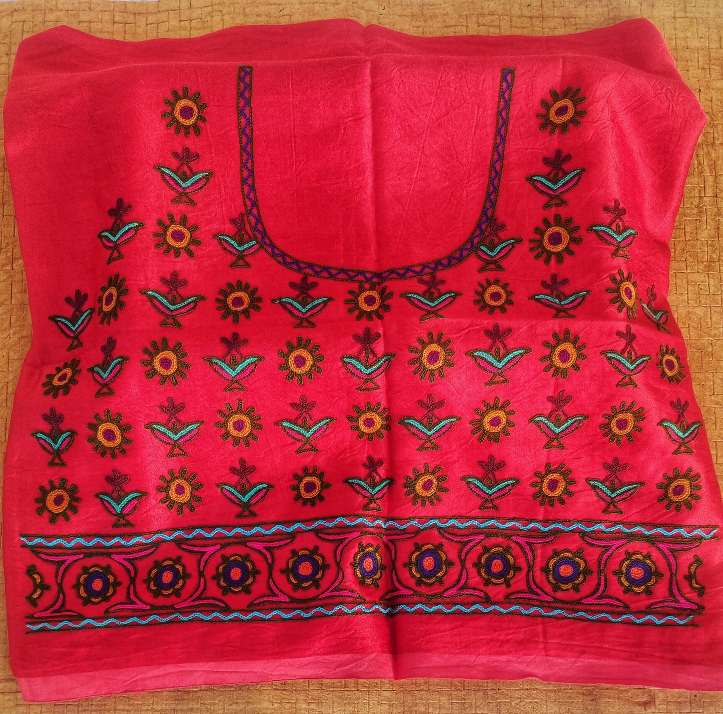 Pure Red Mashru Silk Kutch Work Blouse.