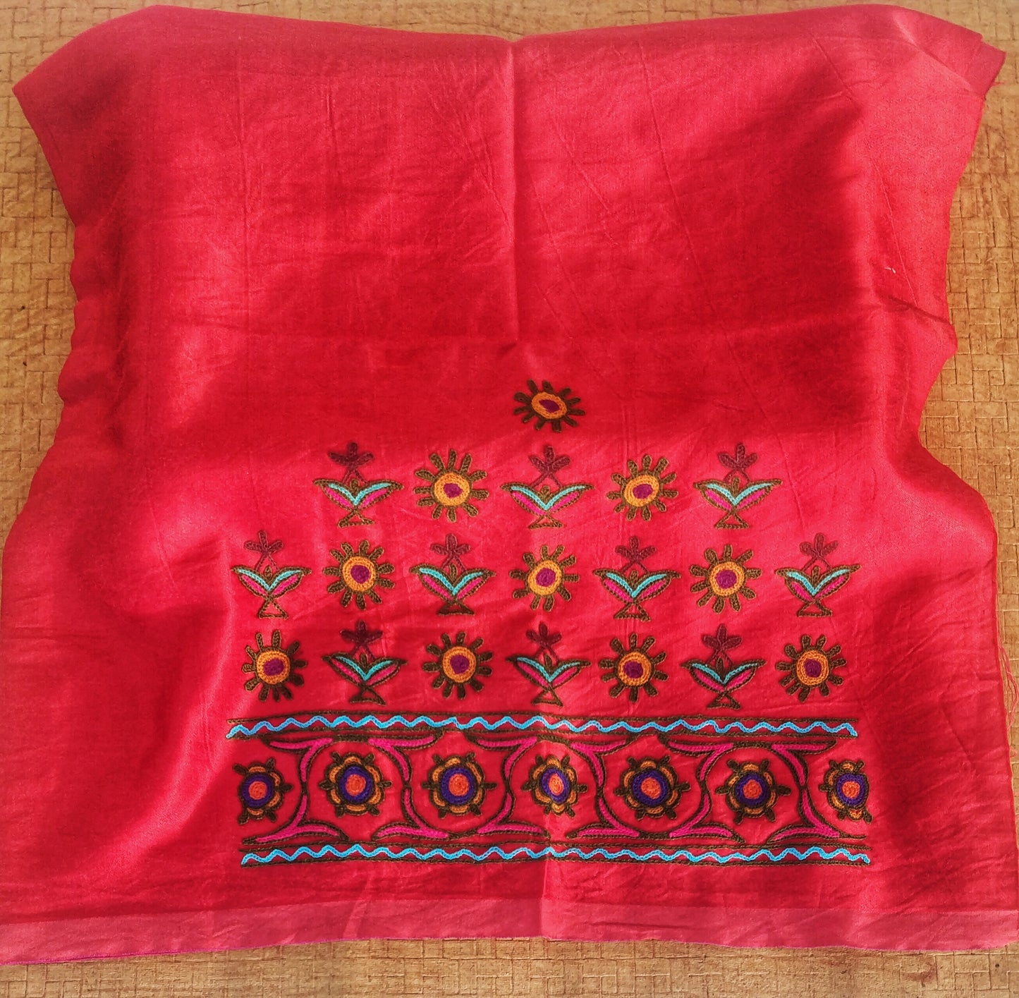 Pure Red Mashru Silk Kutch Work Blouse.