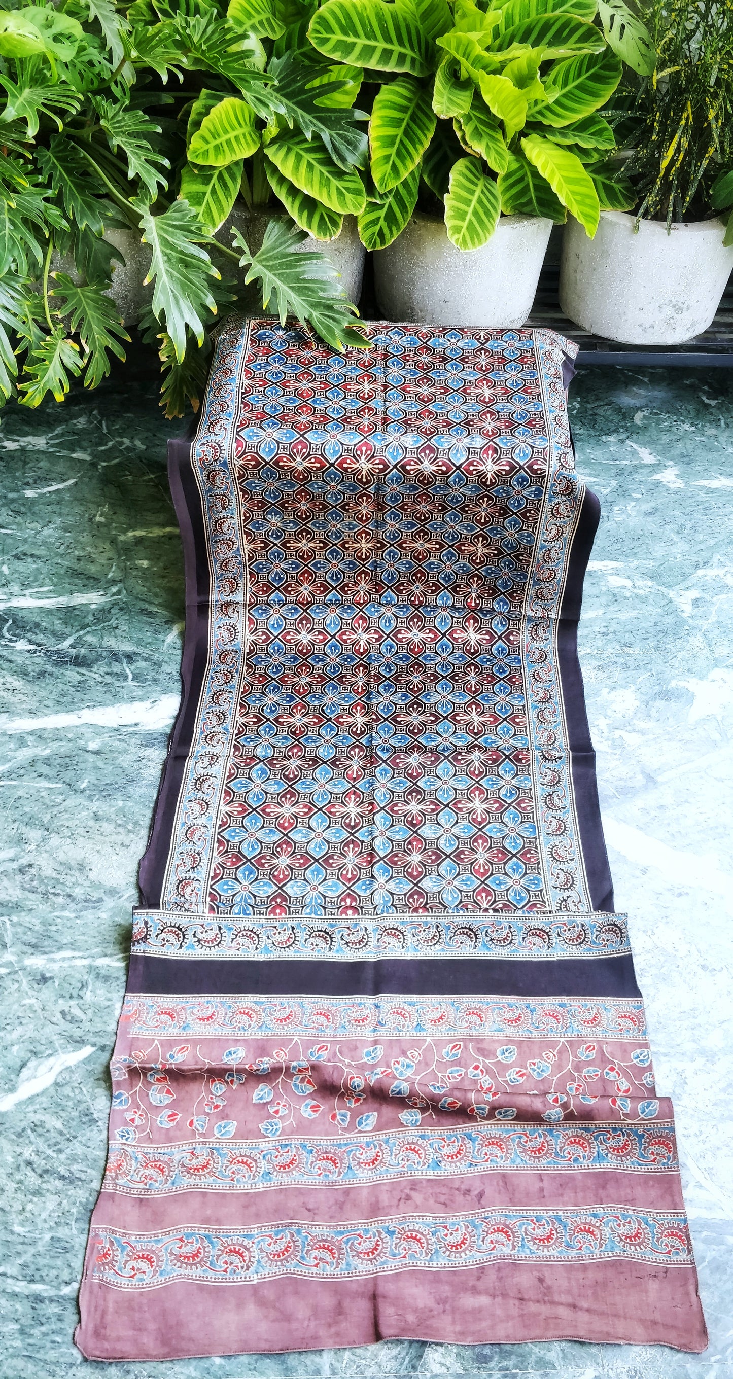 ue and Rasin Ajrakh Hand Block Print Mashru Silk Stole