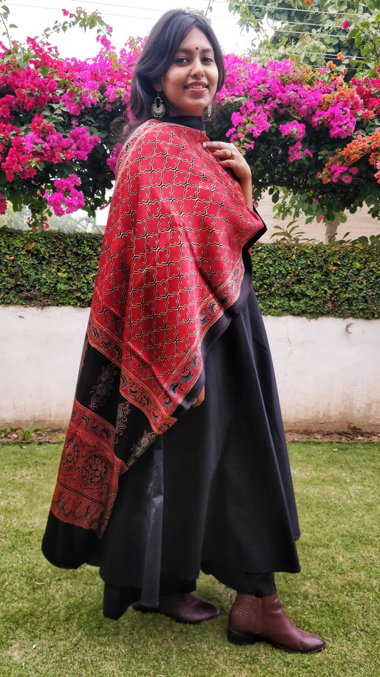 Deep Red and Black Ajrakh Hand Block Print Mashru Silk Stole