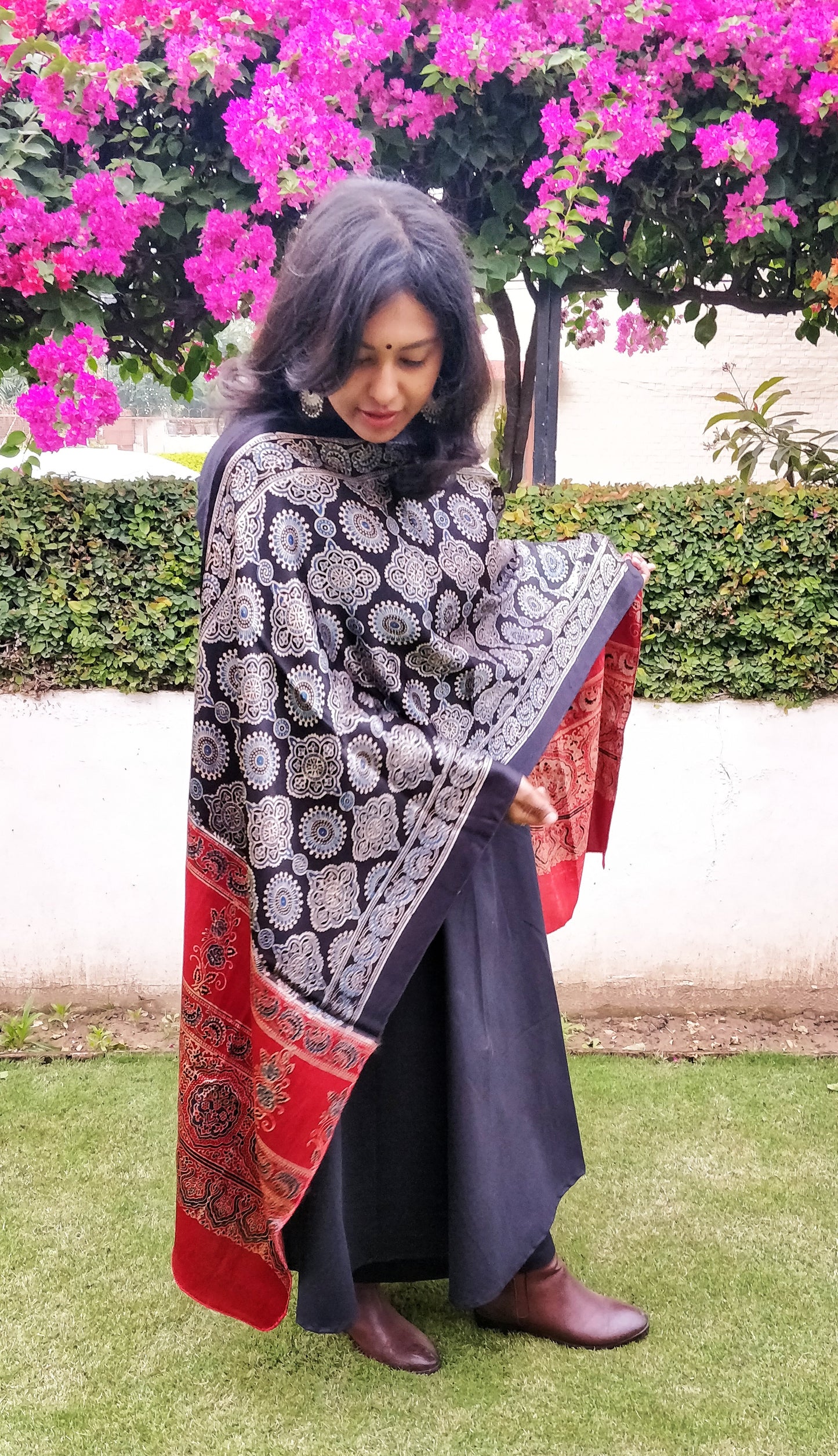 Blue Black and Red Ajrakh Hand Block Print Mashru Silk Stole