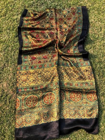 Garden Green Ajrakh Hand Block Print Mashru Silk Stole