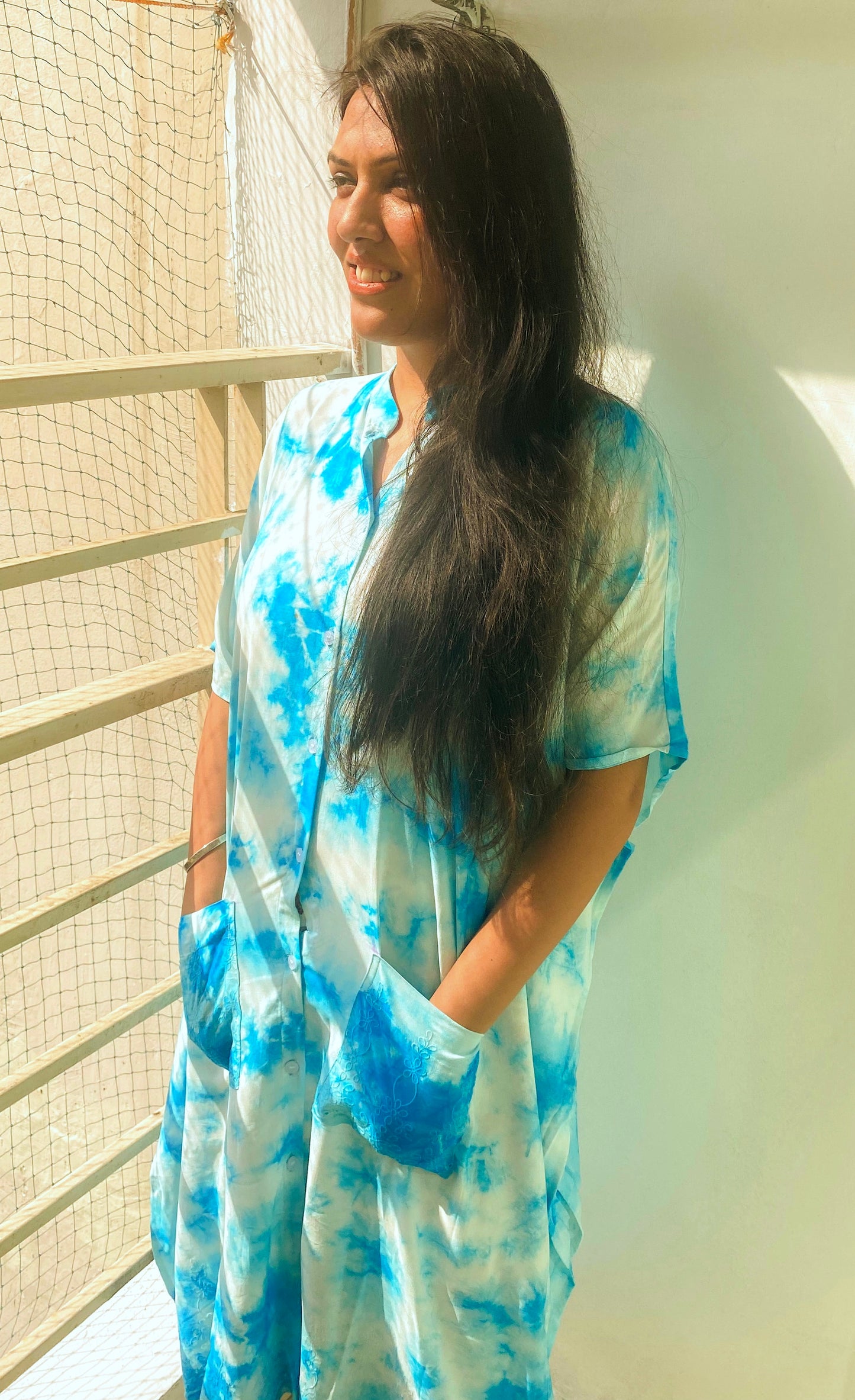 Blue Tie and Dye Knee Length Kaftan Shirt Dress