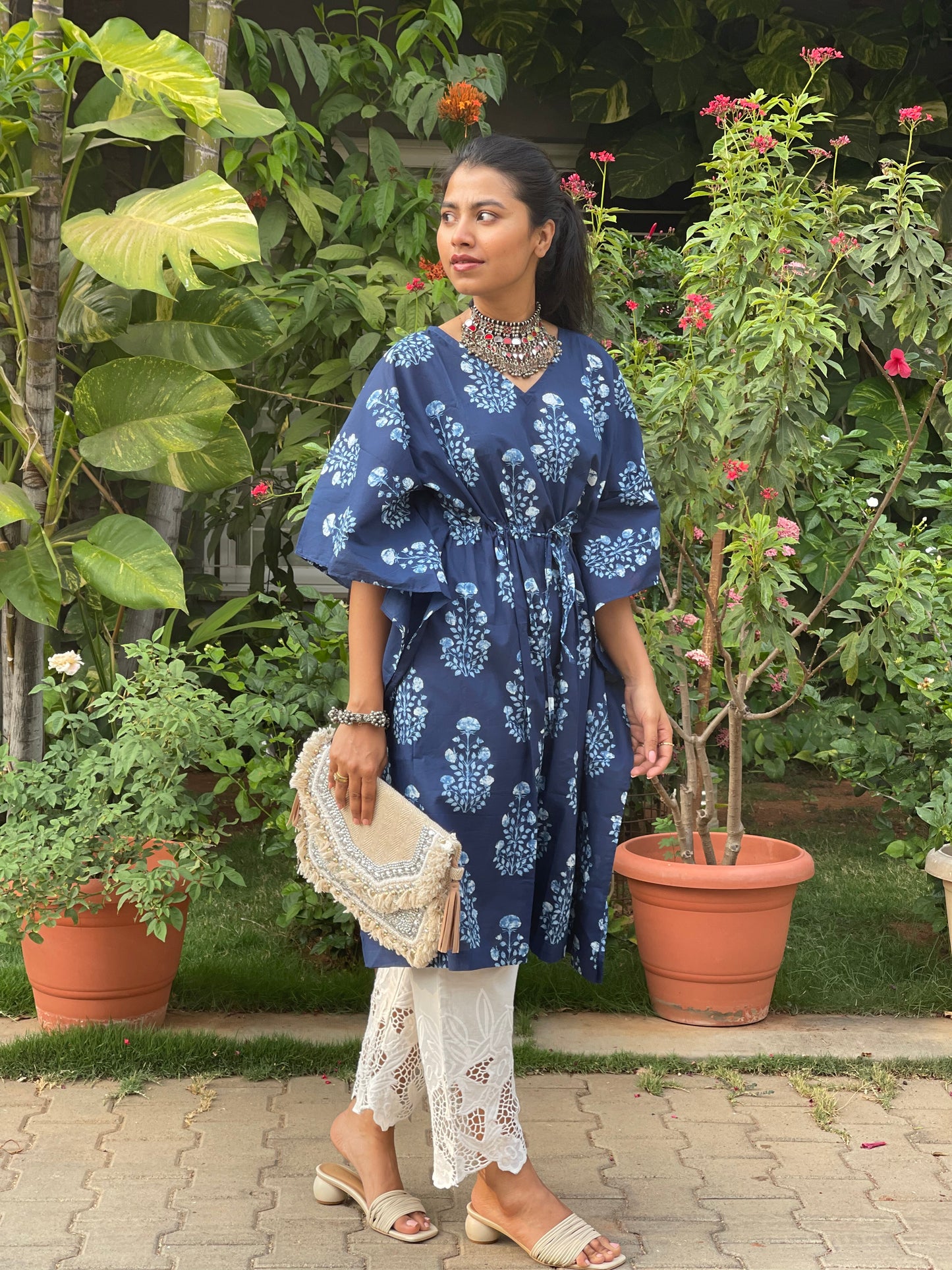 Indigo Paisley Knee Length Kaftan and White Pant Set