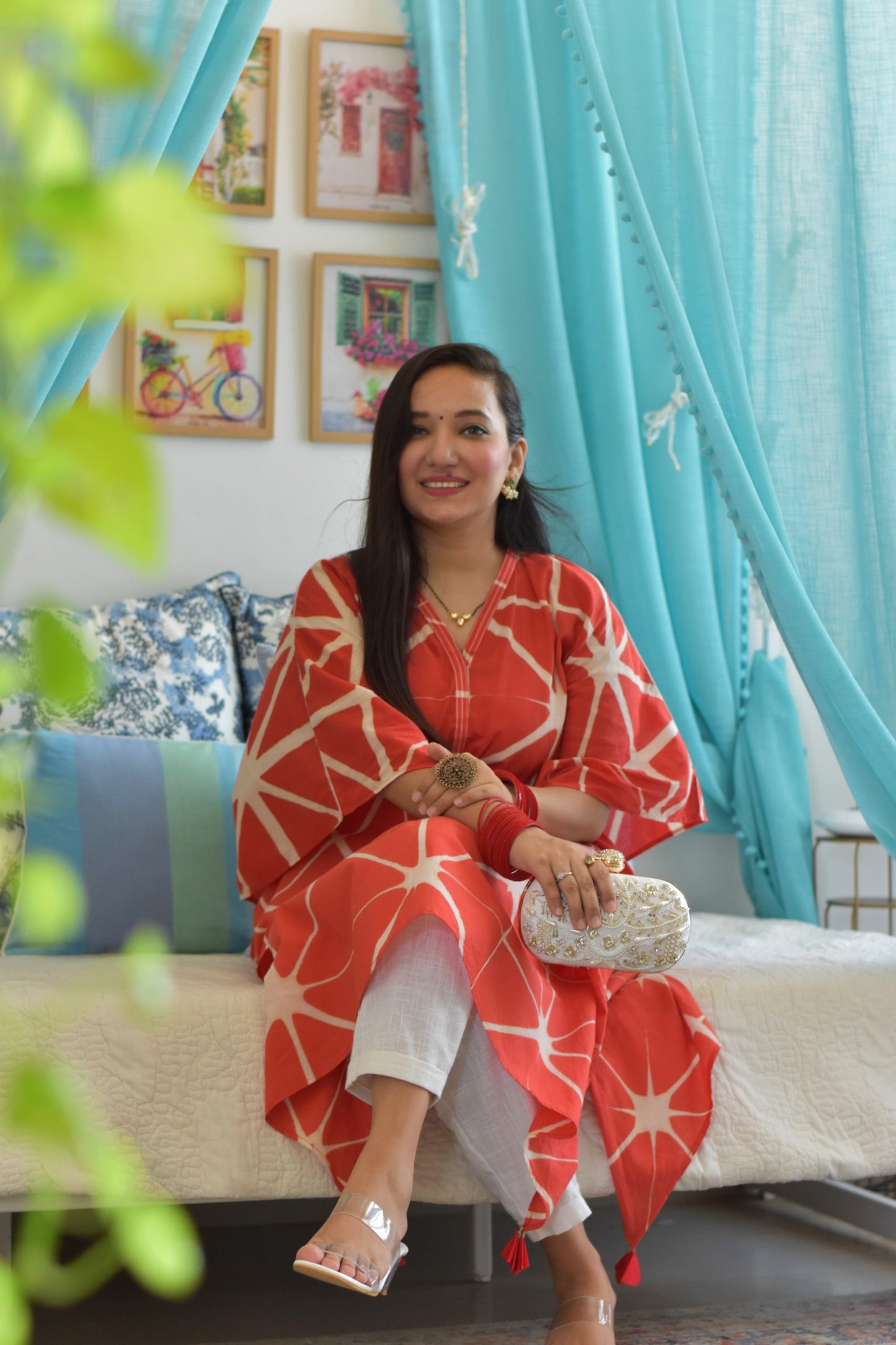 Red Tie and Dye Knee Length Kaftan Dress with Tassels