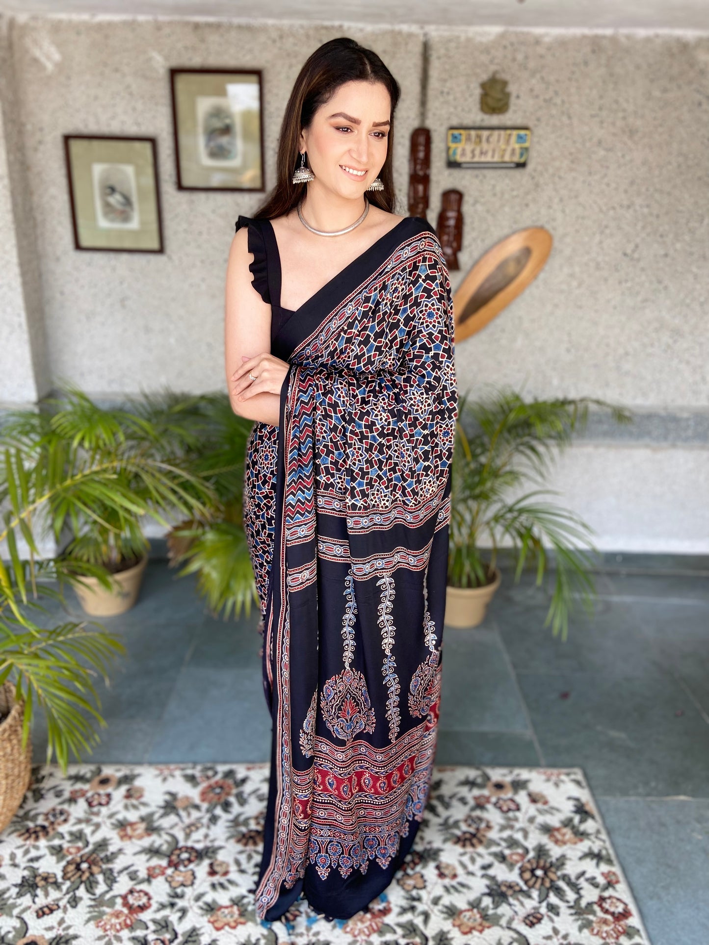 Asmita's Black Ajrakh Hand Block Natural Dye Modal Silk Saree With Blouse