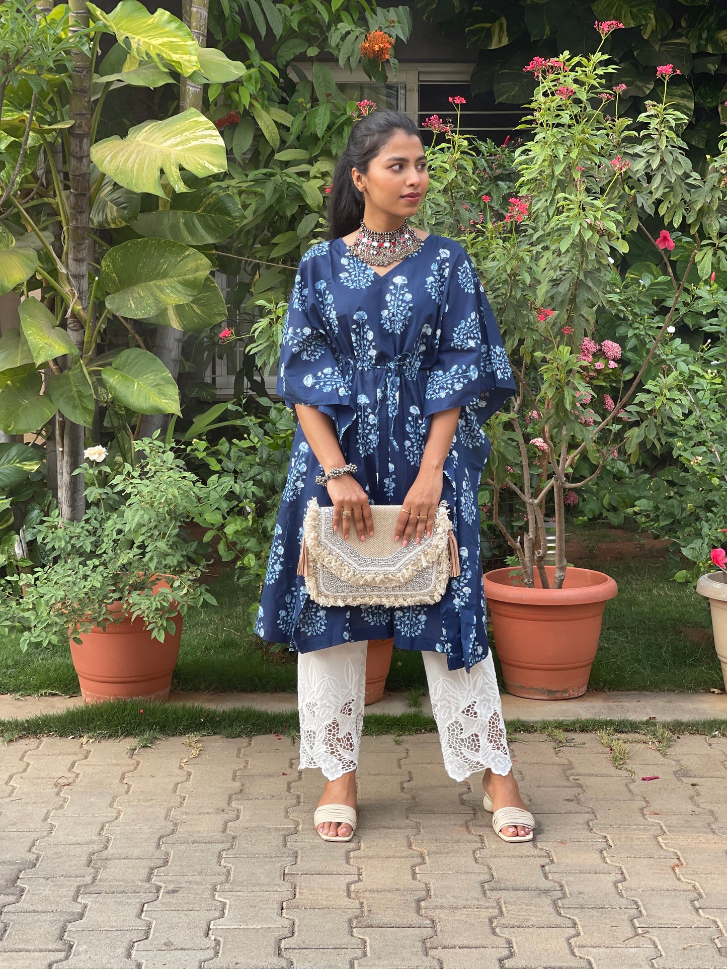 Indigo Paisley Knee Length Kaftan and White Pant Set