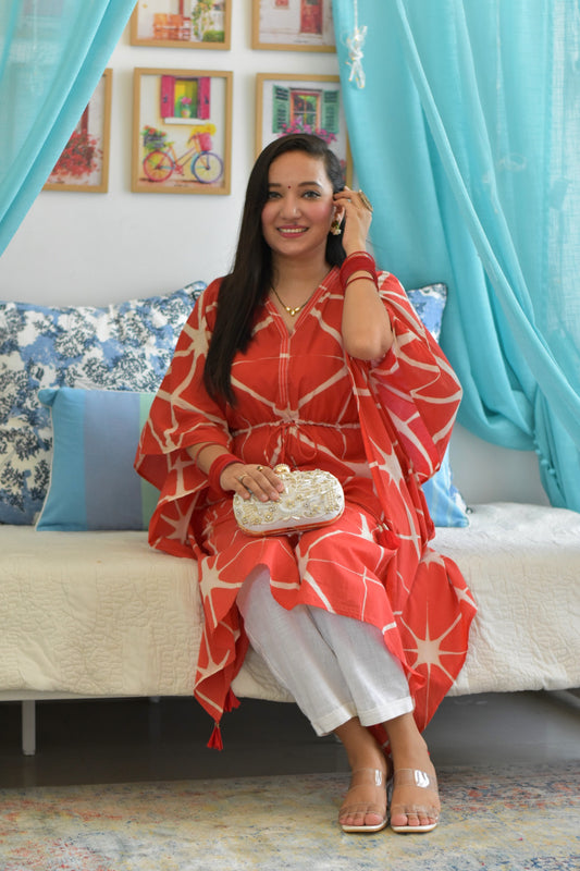 Red Tie and Dye Knee Length Kaftan Dress with Tassels