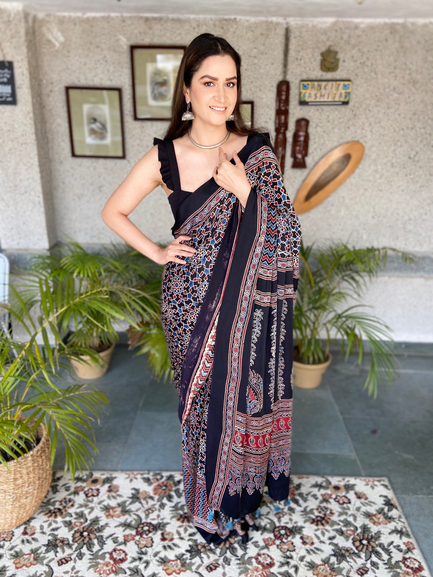 Asmita's Black Ajrakh Hand Block Natural Dye Modal Silk Saree With Blouse