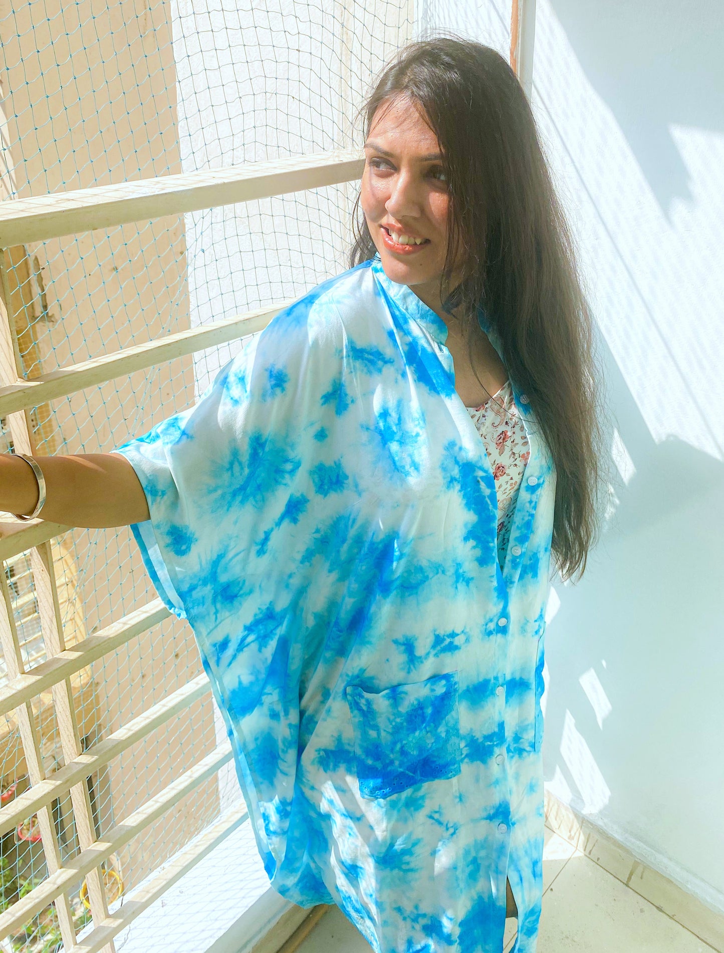 Blue Tie and Dye Knee Length Kaftan Shirt Dress