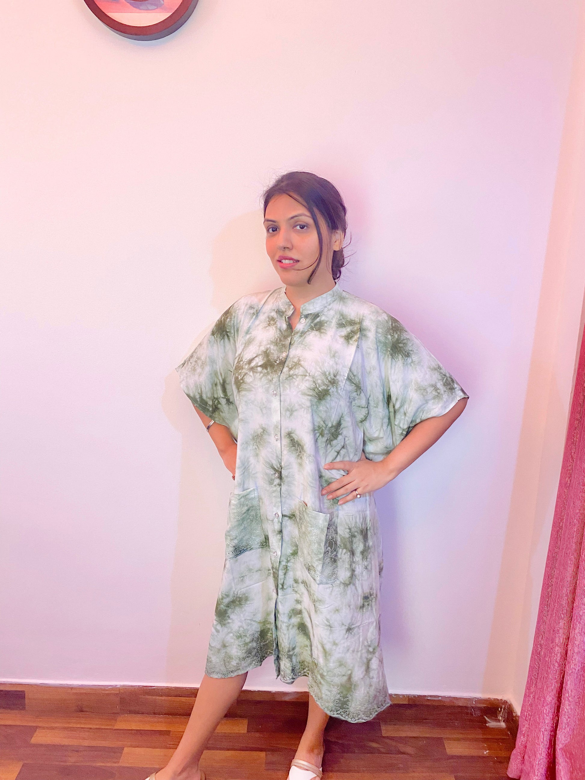 Green Tie and Dye Knee Length Kaftan Shirt Dress