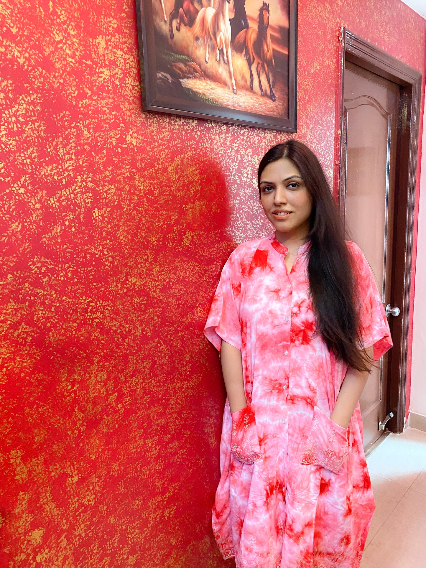 Red Tie and Dye Knee Length Kaftan Shirt Dress