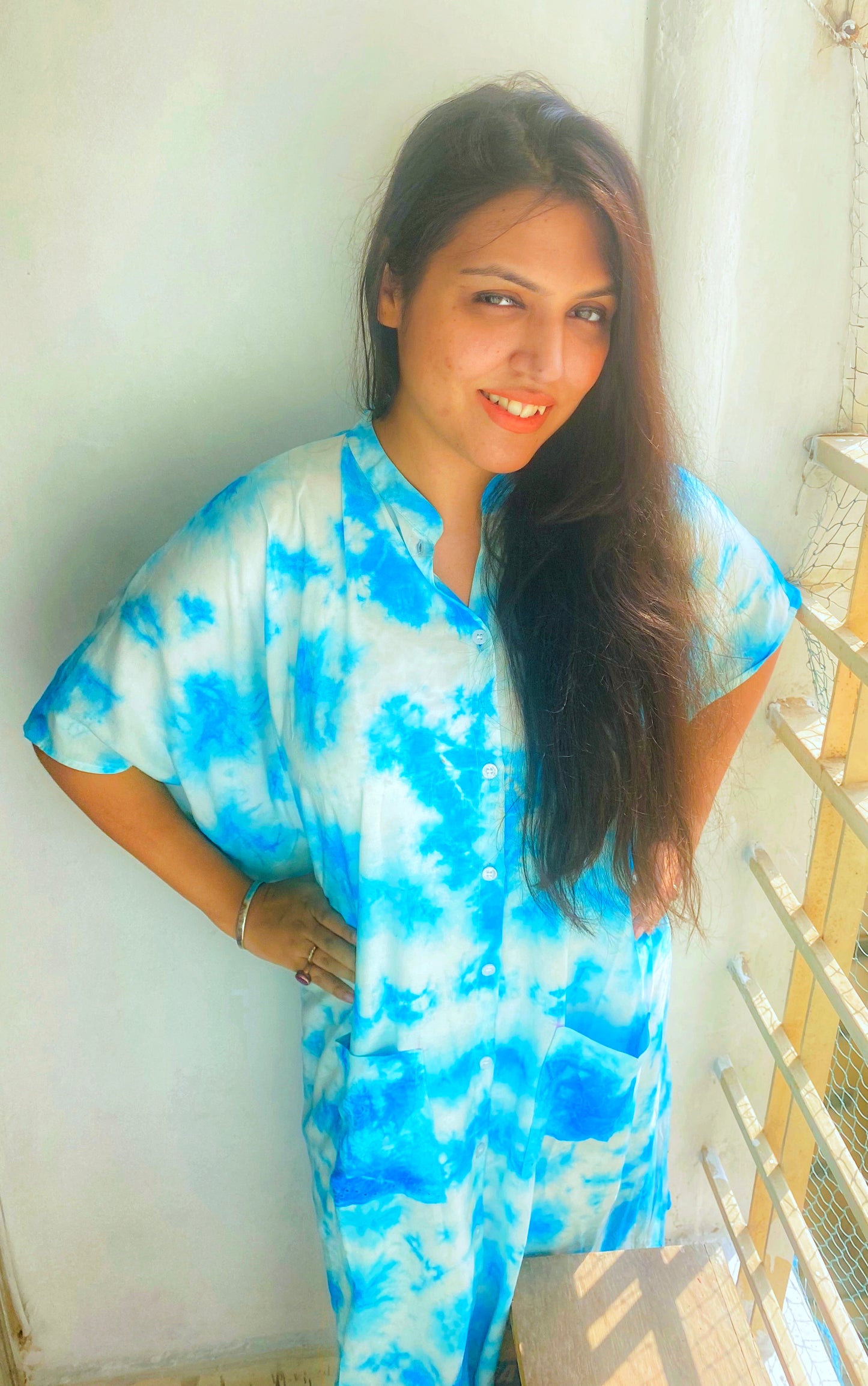 Blue Tie and Dye Knee Length Kaftan Shirt Dress