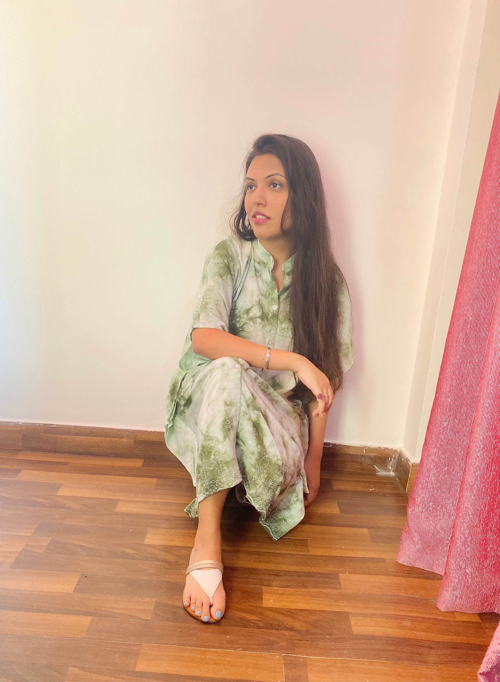 Green Tie and Dye Knee Length Kaftan Shirt Dress