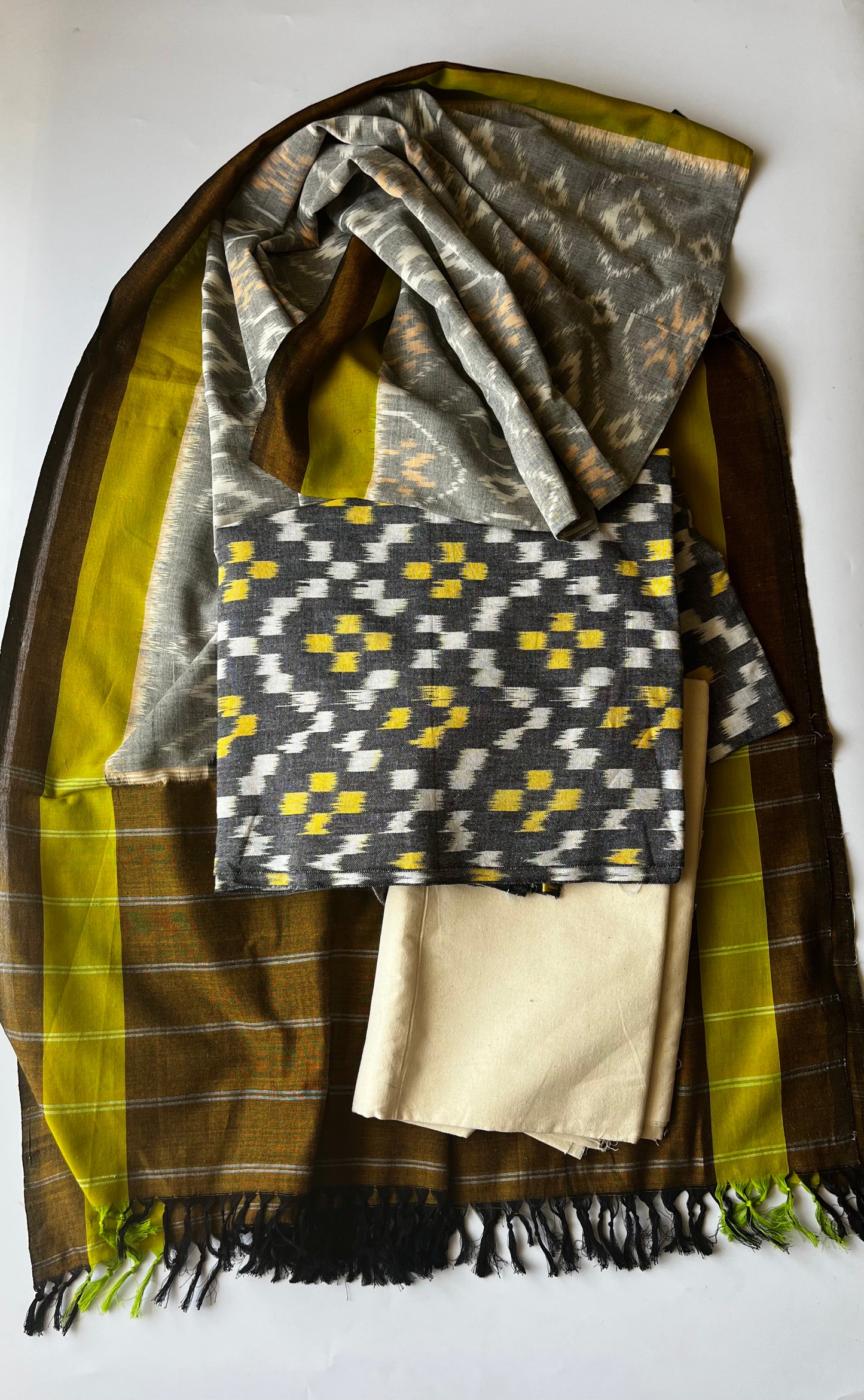 Grey and Yellow Pochampally Ikat Cotton 3pc Suit Material Set