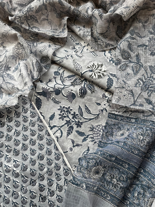 Grey Suits me HandBlock Printed 3 pc Cotton Suit with Kota Dupatta