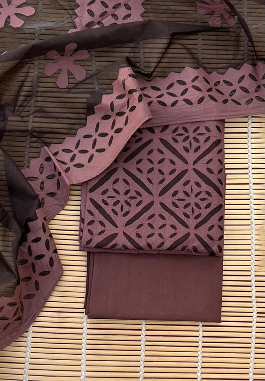 Chocolate Brown Barmer Applique Cut Work Cotton 3pc Suit Material Set